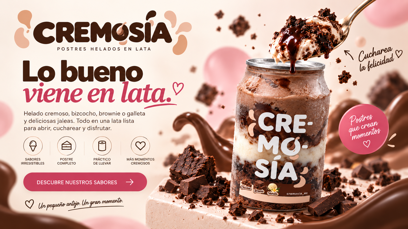 Postre CREMOSÍA de chocolate, brownie y vainilla, con una cucharada de helado y chocolate