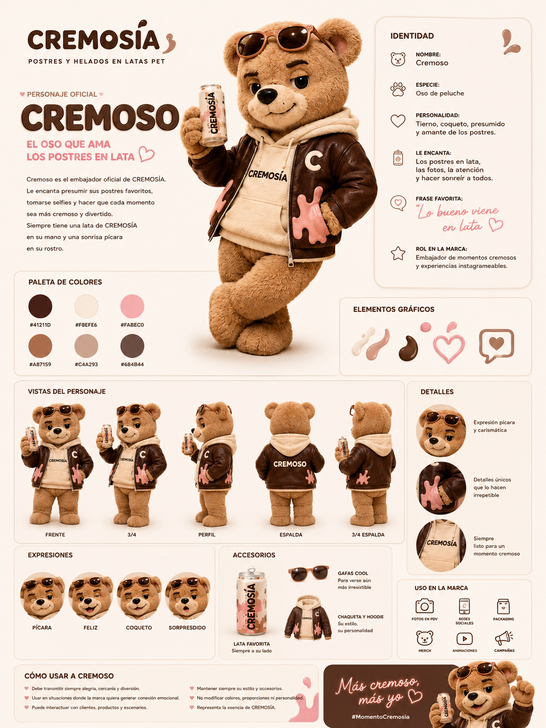 Cremoso, el oso de CREMOSÍA, con su chaqueta chocolate y una lata de postre helado en la mano